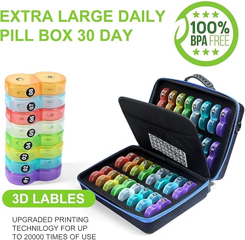 Miniatura 5 de Pastillero mensual 2 veces al día, pastillero mensual AM PM con 32 bolsillos diarios, pastillero de viaje con estuche rígido portátil, caja de