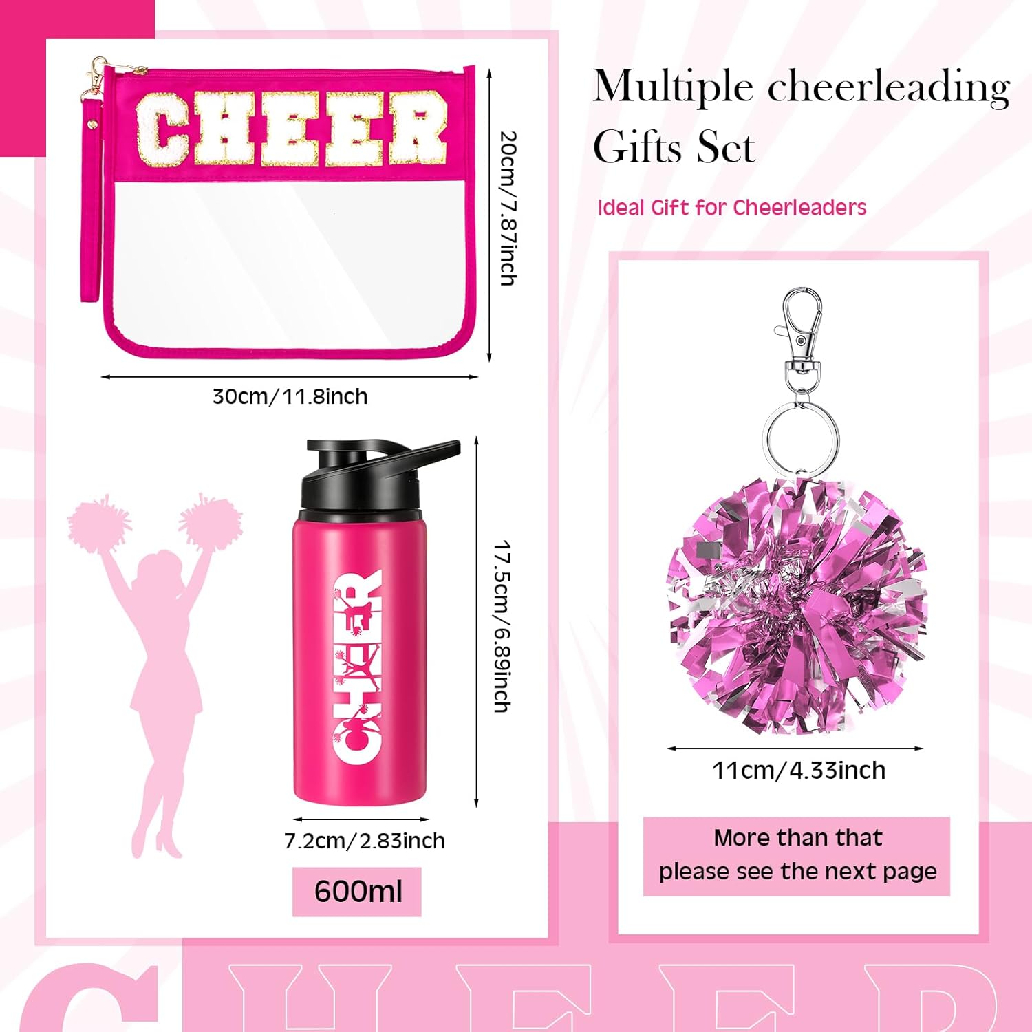 9 Pcs Cheerleader Gifts for Girls Cheer Makeup Bag 20oz Water Bottle Cheerleading Scrunchie Mirror Keychain Charm Bracelet Stickers for Senior Night Cheerleader Gifts Cheer Accessories Stuff