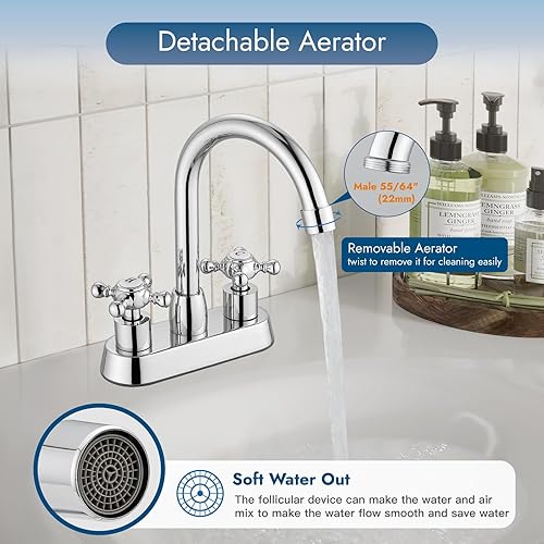 Miniatura 2 de Cinwiny Grifo de baño central de 4 pulgadas, grifo de tocador de doble mango cruzado, boquilla giratoria de 360, grifo mezclador montado en la