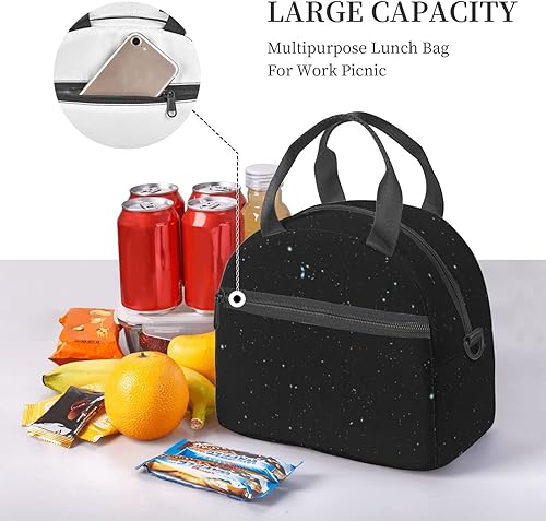 Miniatura 7 de Bolsa de almuerzo aislada con estampado de purpurina negra para mujeres y hombres, lonchera de picnic, bolsas de mano para trabajo, oficina,