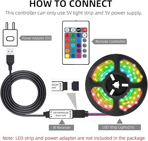 Miniatura 7 de RGBZONE Controlador LED RGB USB de 5 V, control remoto inalámbrico IR de 24 teclas, controlador LED de 4 pines de 3.3 ft, controlador LED 5050 2835