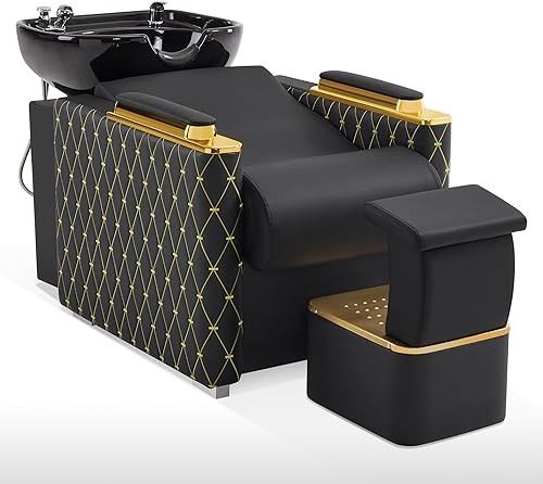 Miniatura 9 de BarberPub Silla de estación de champú de lavado a espalda con cuenco de cerámica de porcelana para lavar el cabello, rompe al vacío, silla Negro