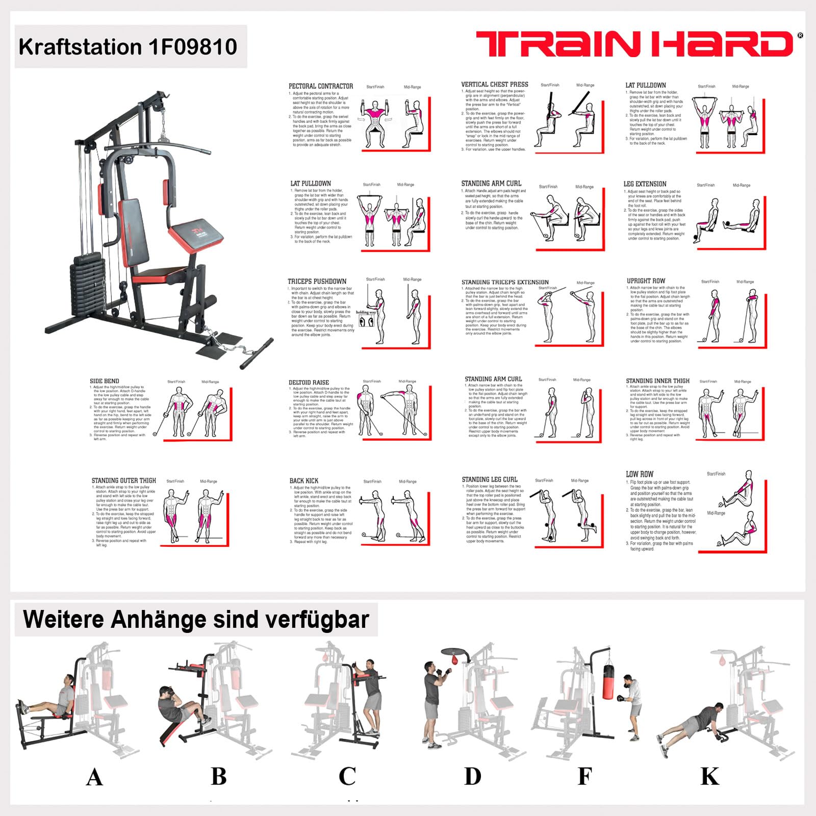 TrainHard® - Estación de entrenamiento para gimnasio en casa, incluye prensa de piernas, estación de inmersión, elevador de piernas y banco para sentadillas