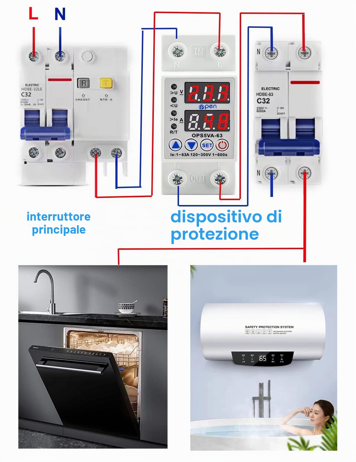 Relè Automatico di Protezione Sovratensione 230VAC 63a,Protettore di corrente di tensione Monofase,Recupero della Tensione Guida Din