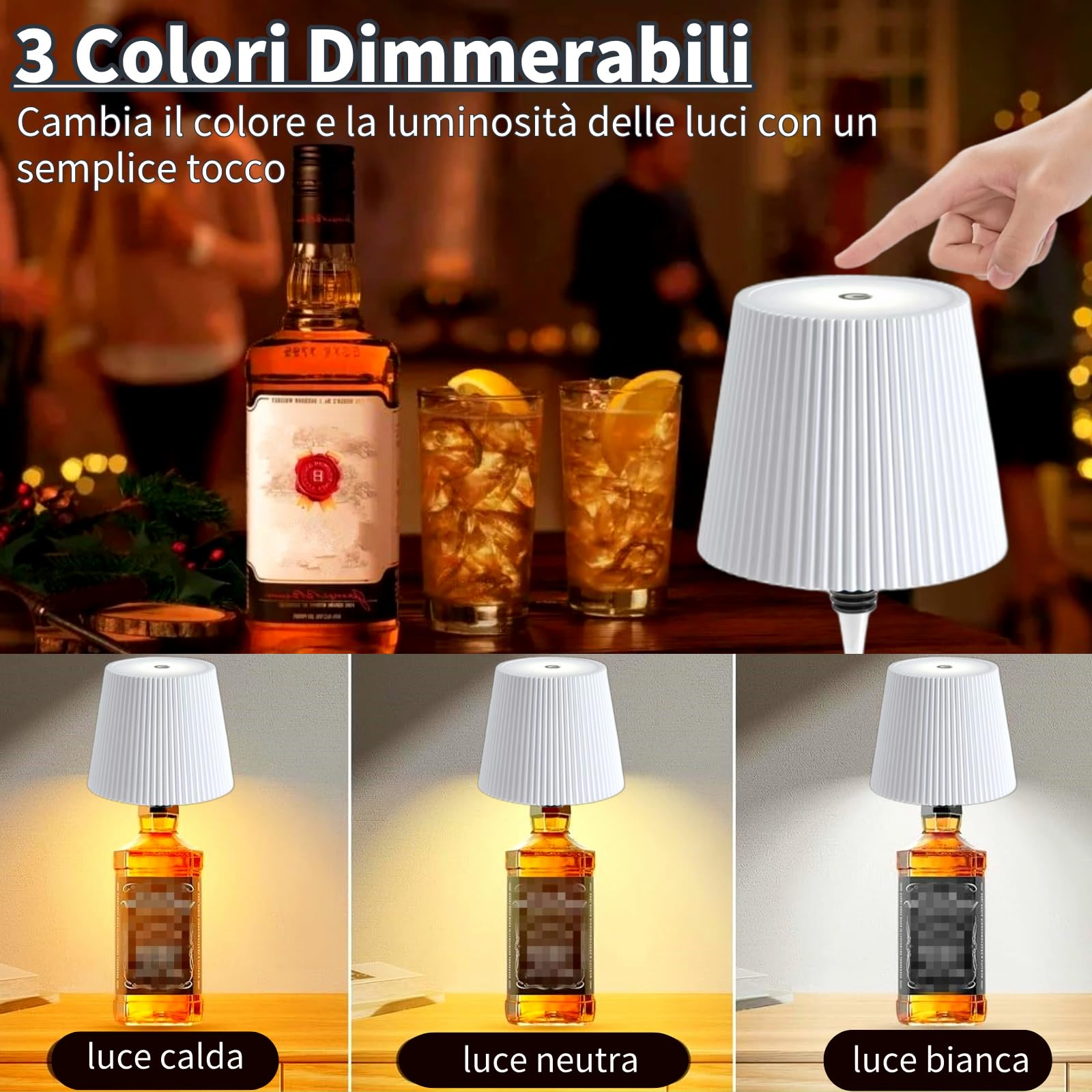 Generico Lampada Bottiglia LED, Lampada per Bottiglia Senza Fili Tattile Ricaricabile con Luce Dimmerabile per Ristorante, Casa, Bar, Ufficio (Bianco, 4 pezzi)
