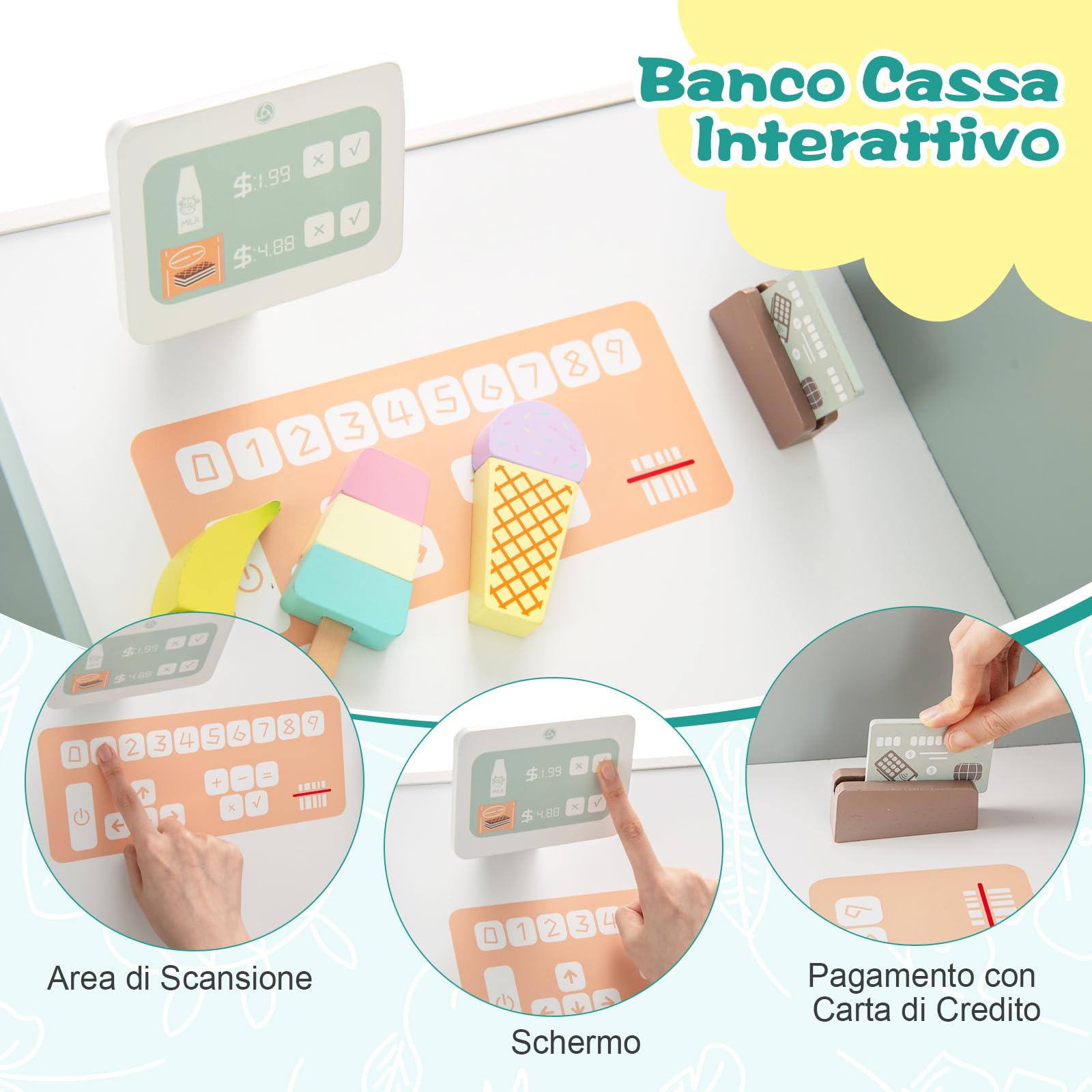 COSTWAY Mercato Giocattolo per Bambini con Cassa, Negozio Giocattolo in Legno con Macchina Caffè e Distributore Automatico, Banco Mercato Giocattolo con Scaffali e 30 Accessori, per Bambini 3+ Anni