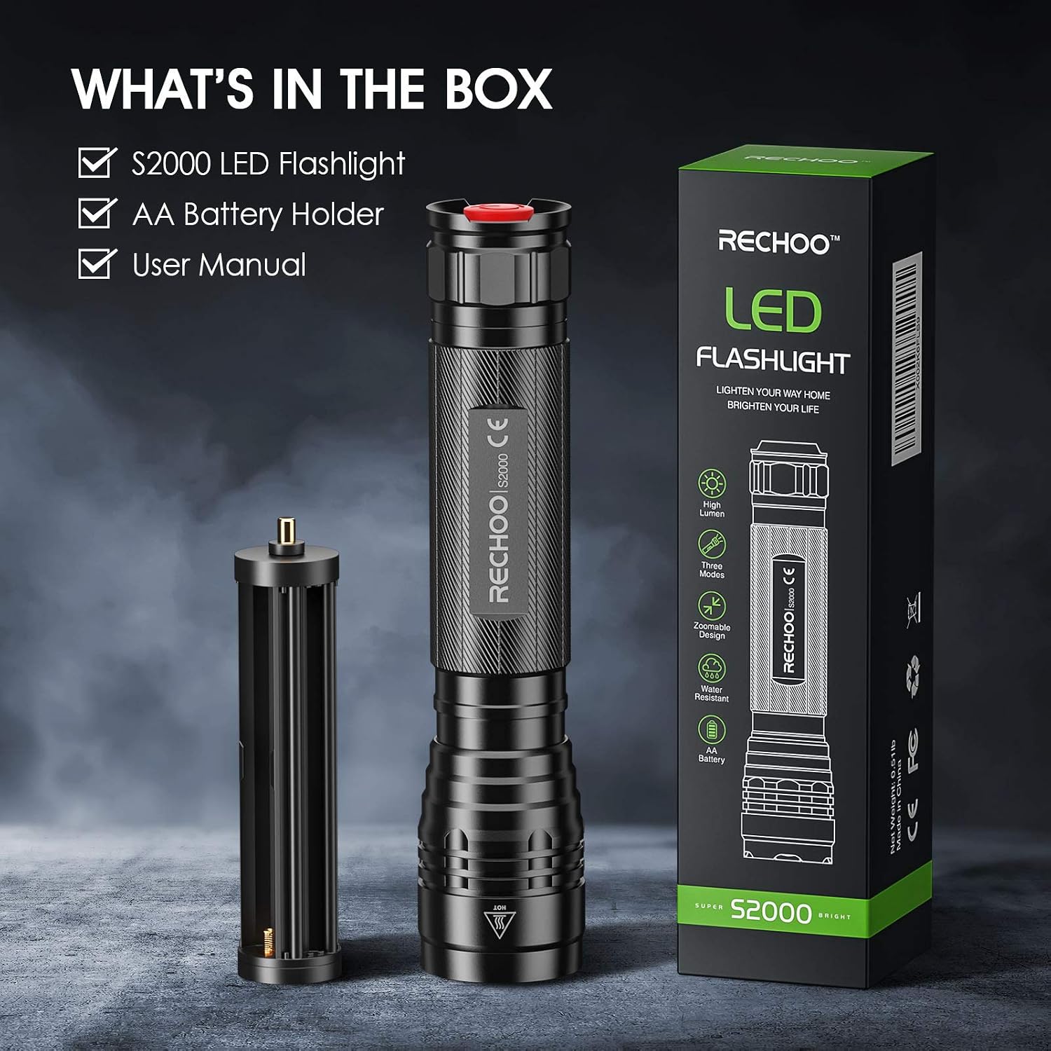 RECHOO High-Powered LED Flashlight S2000, Upgraded Powerful 2000 High Lumens Flashlights with 3 Modes, Zoomable, Water Resistant Flash Light for Camping, Outdoor, Emergency, Hiking