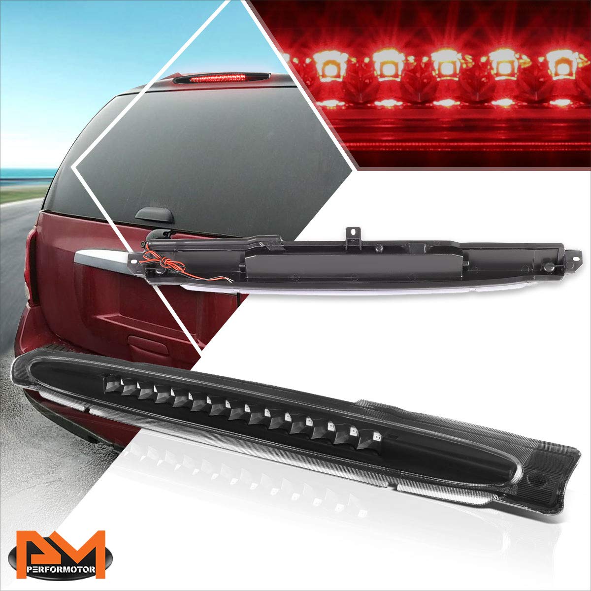 PM PERFORMOTOR Full LED 3rd Third Brake Light High Mount Stop Light Compatible with Chevy Trailblazer/GMC Envoy 02-09,Black/Clear