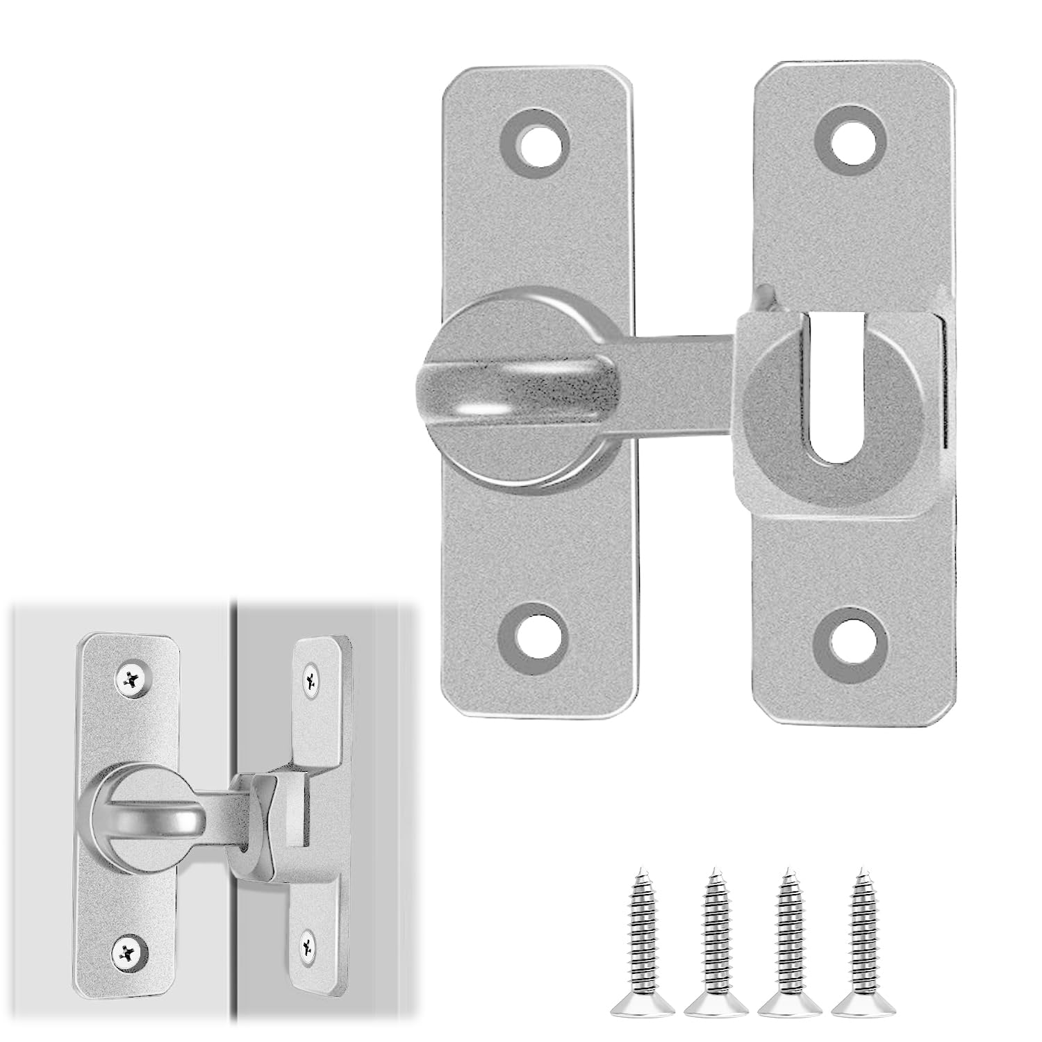 Aluminum Alloy Door Lock, 90/180 Degree Universal Door Latch Silver Flip Lock with Screws for Bathroom, Bedroom, Cabinet, Shed, Patio Doors Locks and Gate Security