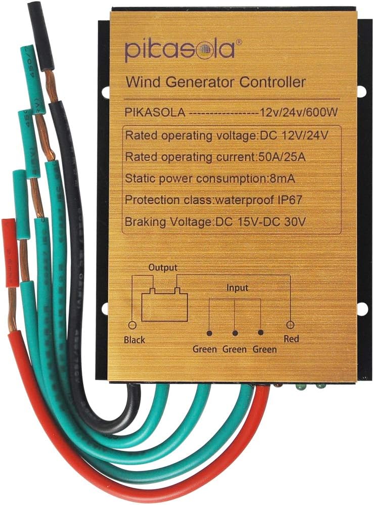 Pikasola Wind Turbine Charge Controller Mini Wind Turbine Generator Controller IP67 Waterproof 12V/24V Automatic Controller Suitable for 400Watt 500Watt 600Watt Wind Turbine System