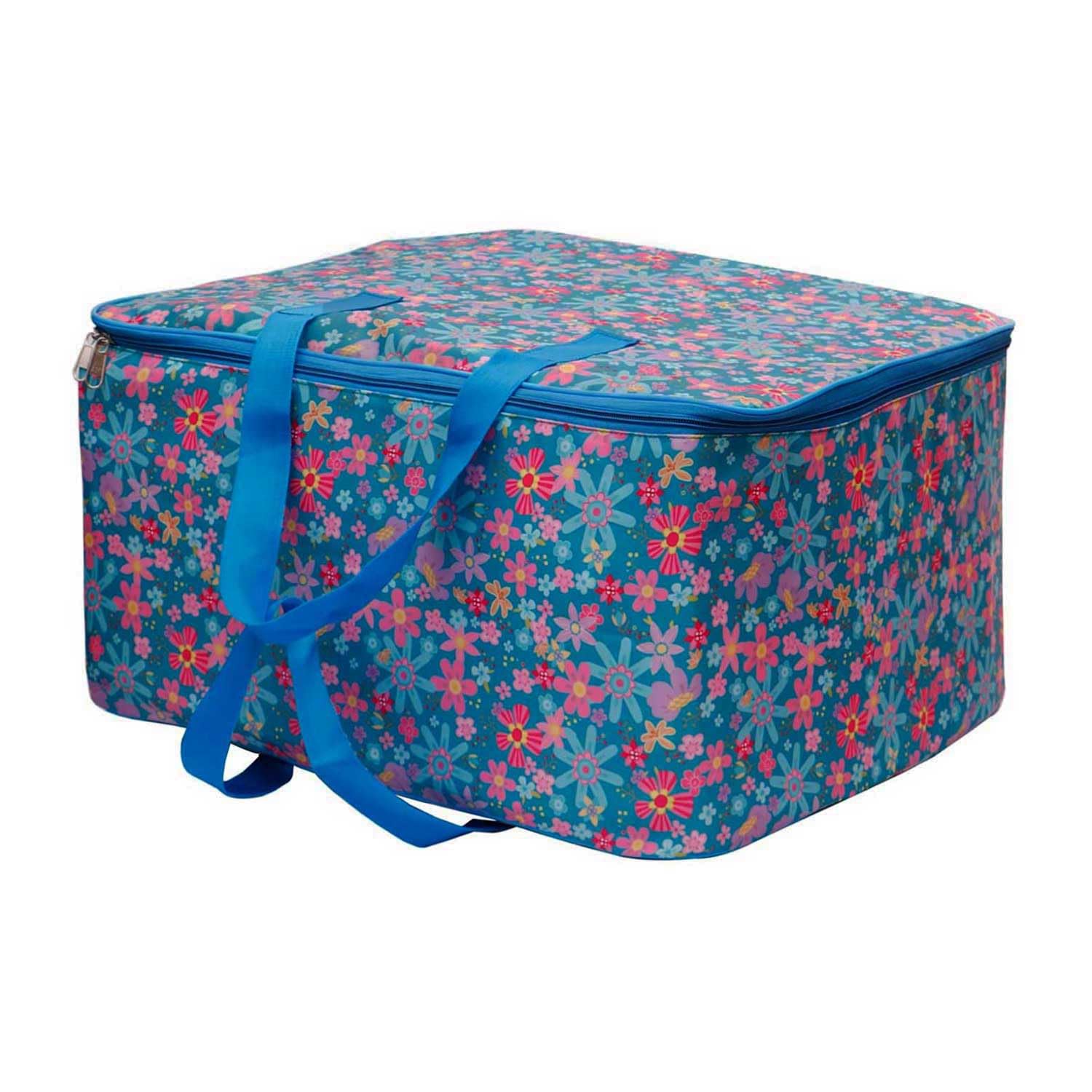 IndianEcraft Floral Print Blanket Organiser | Big Size Underbed Storage Bag for Blanket, Quilt, Comforter, Kambal with Zippered Closure and Handle (Size 56x46x30cm) (Blue)-image-10