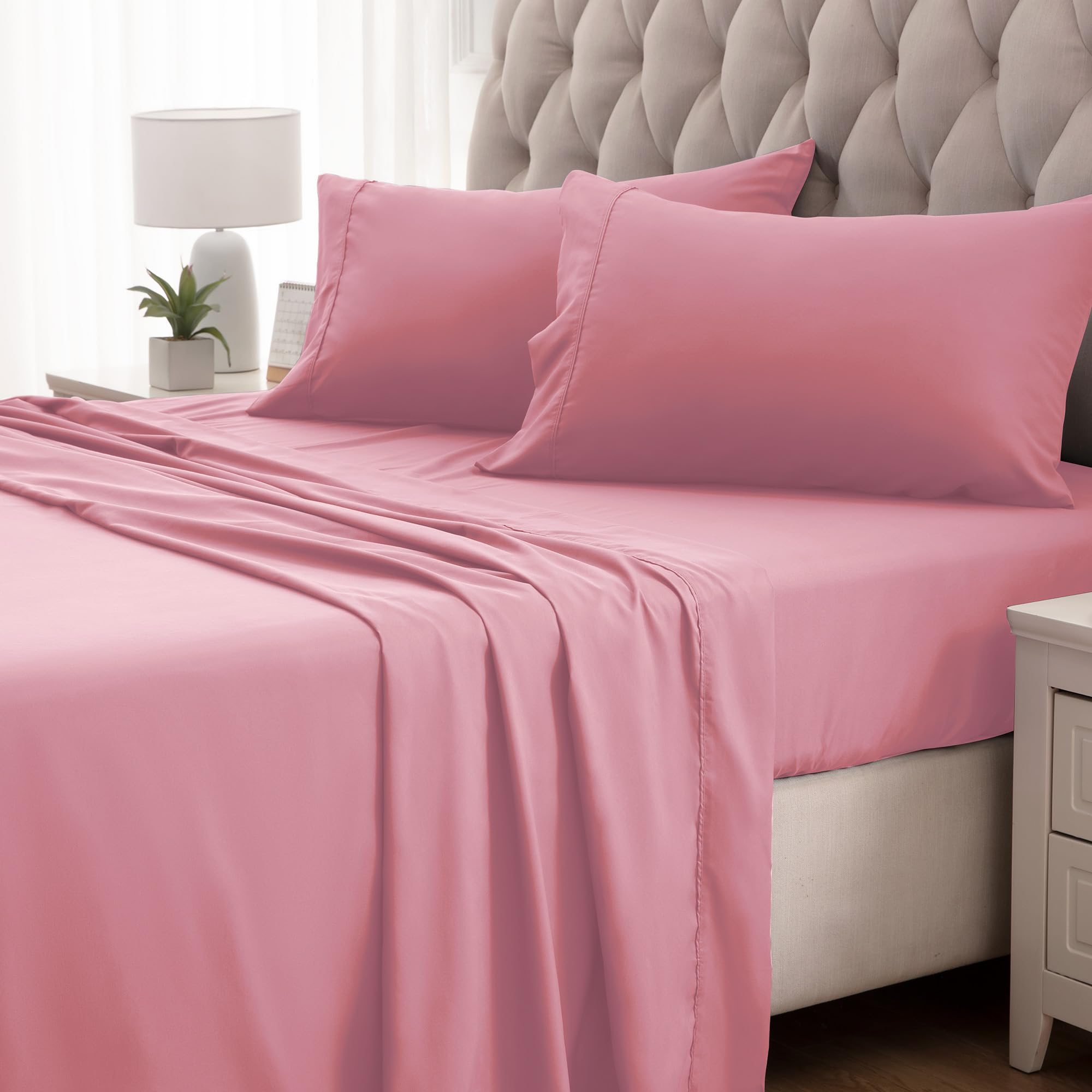 SLEEP ZONE® Nanotex® Super Soft Cooling King Bed Sheets Set 4 Piece - Easy Care Fitted Flat Sheet & Pillowcase Sets - Wrinkle Free, Fade Resistant, Deep Pocket 16" (Ballet Pink, King)