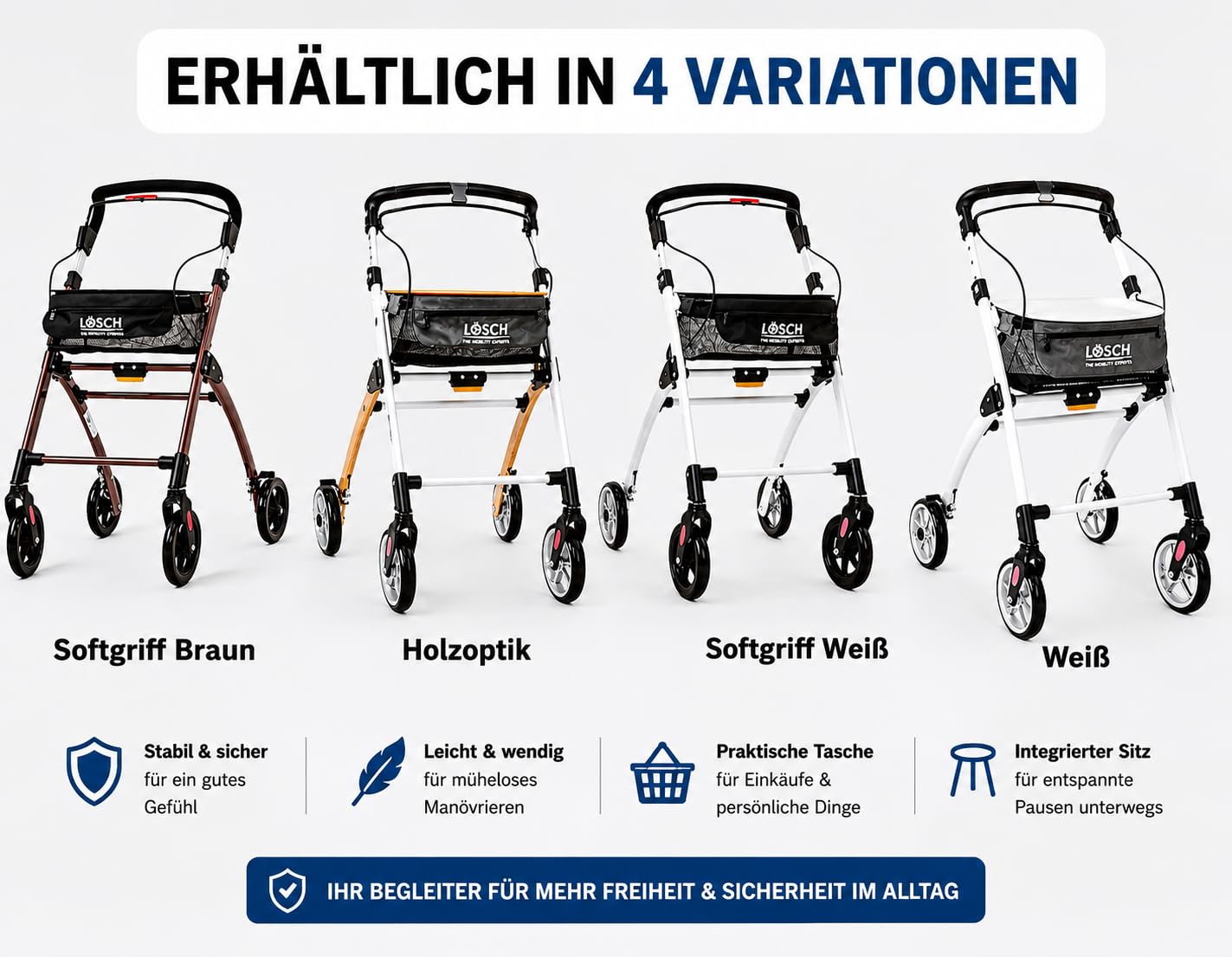 Casa Soft Braun Rollator schmal für Wohnung & Innenbereich, faltbar & leicht, 5 kg I höhenverstellbarer Wohnungsrollator von Lösch Reha I zuverlässige Gehhilfe für Senioren