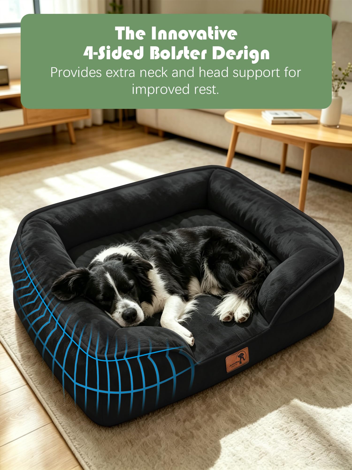 Spotted Play Orthopedic Dog Bed with Sides - Sofa Beds for Large Dogs, Supportive Foam Pet Couch Bed with Washable Removable Cover, Waterproof Lining and Non-Slip Bottom, Black - L view 5