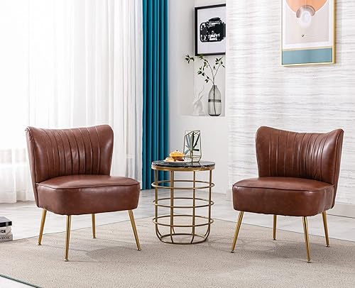 Miniatura 6 de Juego de 2 sillas decorativas de piel sintética marrón con patas doradas, modernas, tapizadas sin brazos, impermeables, cómodas sillas laterales con