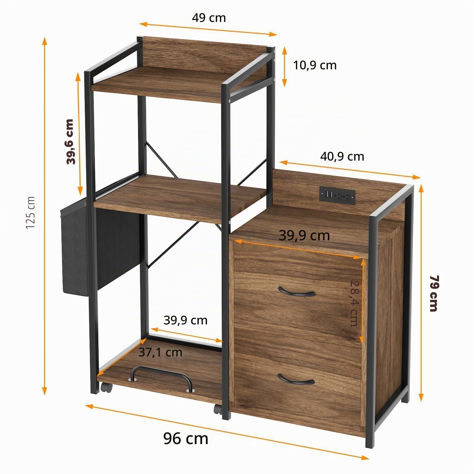 Druckerschrank mit LED, Aktenschrank mit LED-Beleuchtung & Ladestation, Großes 3-stöckiges Druckerregal mit Schubladen, Ablagen für Fax, Aktenvernichter & PC-Tower, ideal fürs Büro