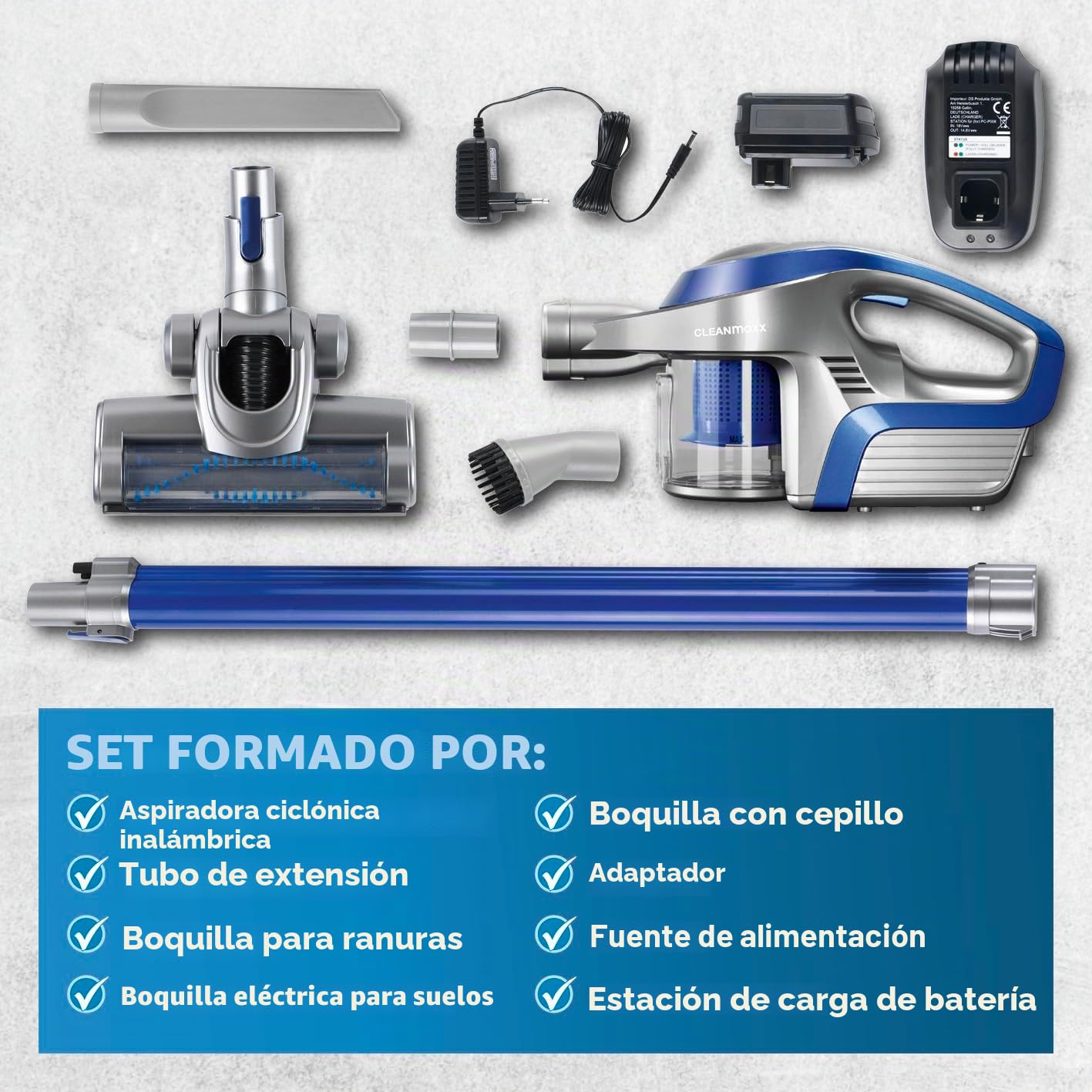CLEANmaxx Aspiradora ciclónica sin Cable sin Bolsa con batería Recargable | aspiradora de Piso 2 en 1 y aspiradora de Mano, Potente y de bajo Consumo [Azul/Plateado]