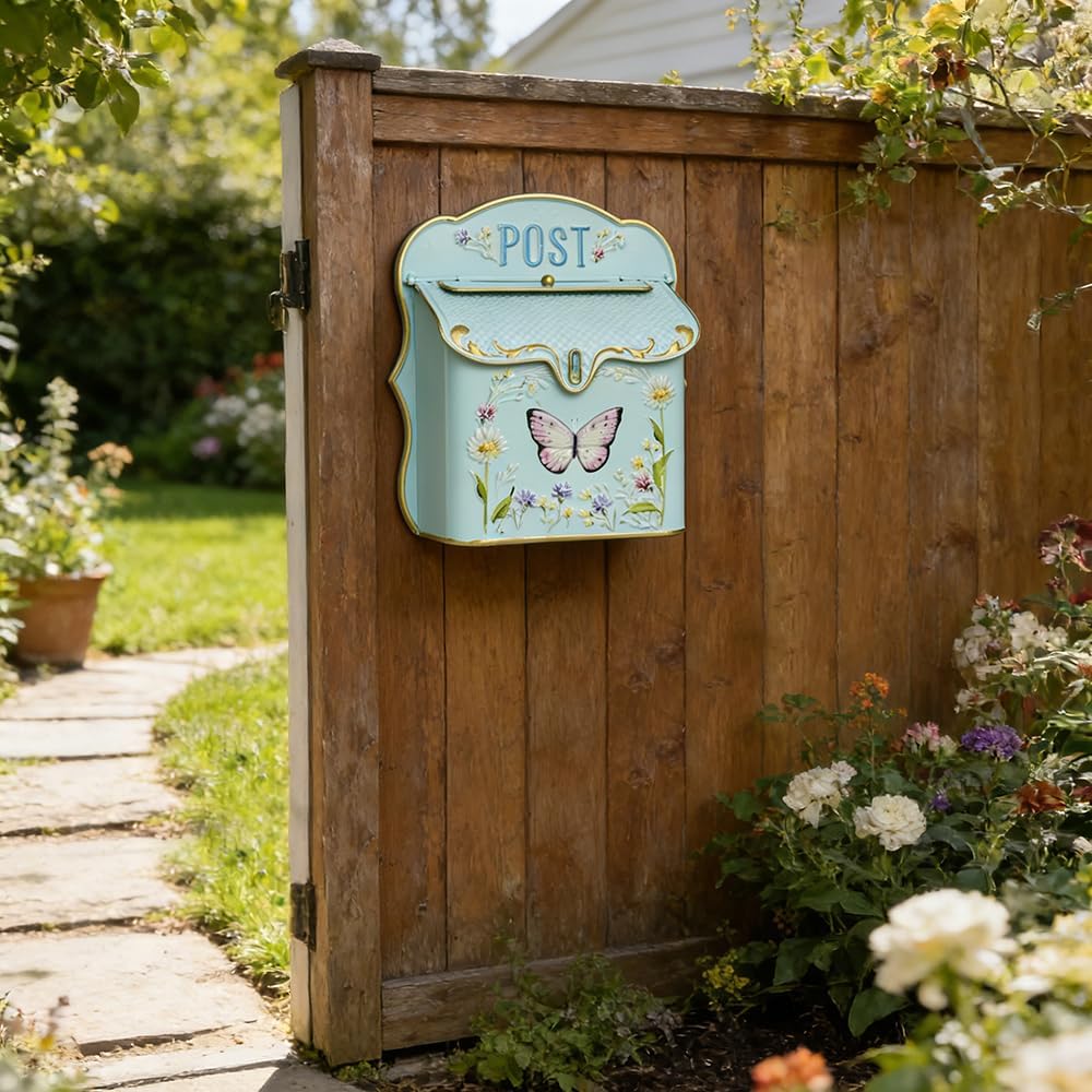 Mailbox Wall Mount Mailboxes for Outside Vintage Mail Boxes for House Outside Metal Drop Box Antique Style Nostalgic Charm Home Decorative Butterfly Green