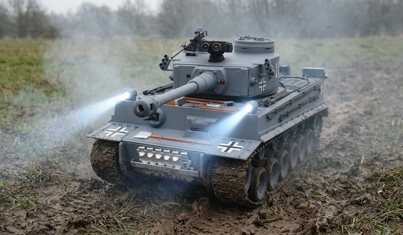 efaso Ferngesteuerter Panzer German Tiger I grau Maßstab 1:18, RC Panzer mit Schussfunktion Rauch und Sound RTR mit LED Lichtern