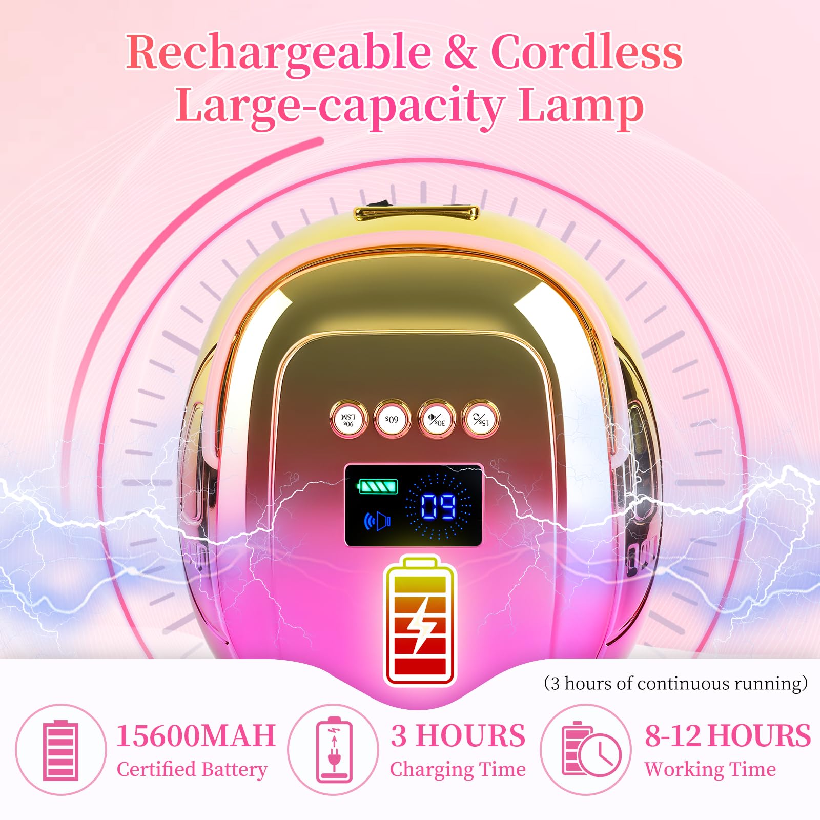 Lampada per unghie ricaricabile UV LED, 126 W, portatile, senza fili, con sensore automatico e 4 impostazioni di timer, lampada per polimerizzazione professionale per smalto gel e salone
