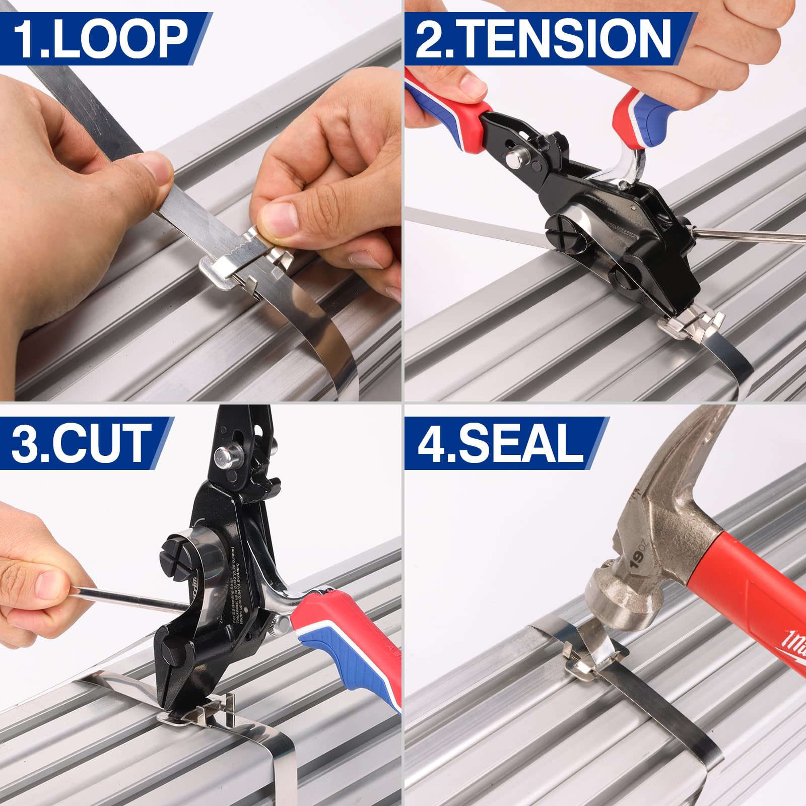 IWISS WCB-324 Herramienta de bandas de acero con funciones de tensión y corte, para sujetar sellos de ala, clips en L, hebillas de oreja en correas de acero inoxidable de hasta 24 mm de ancho