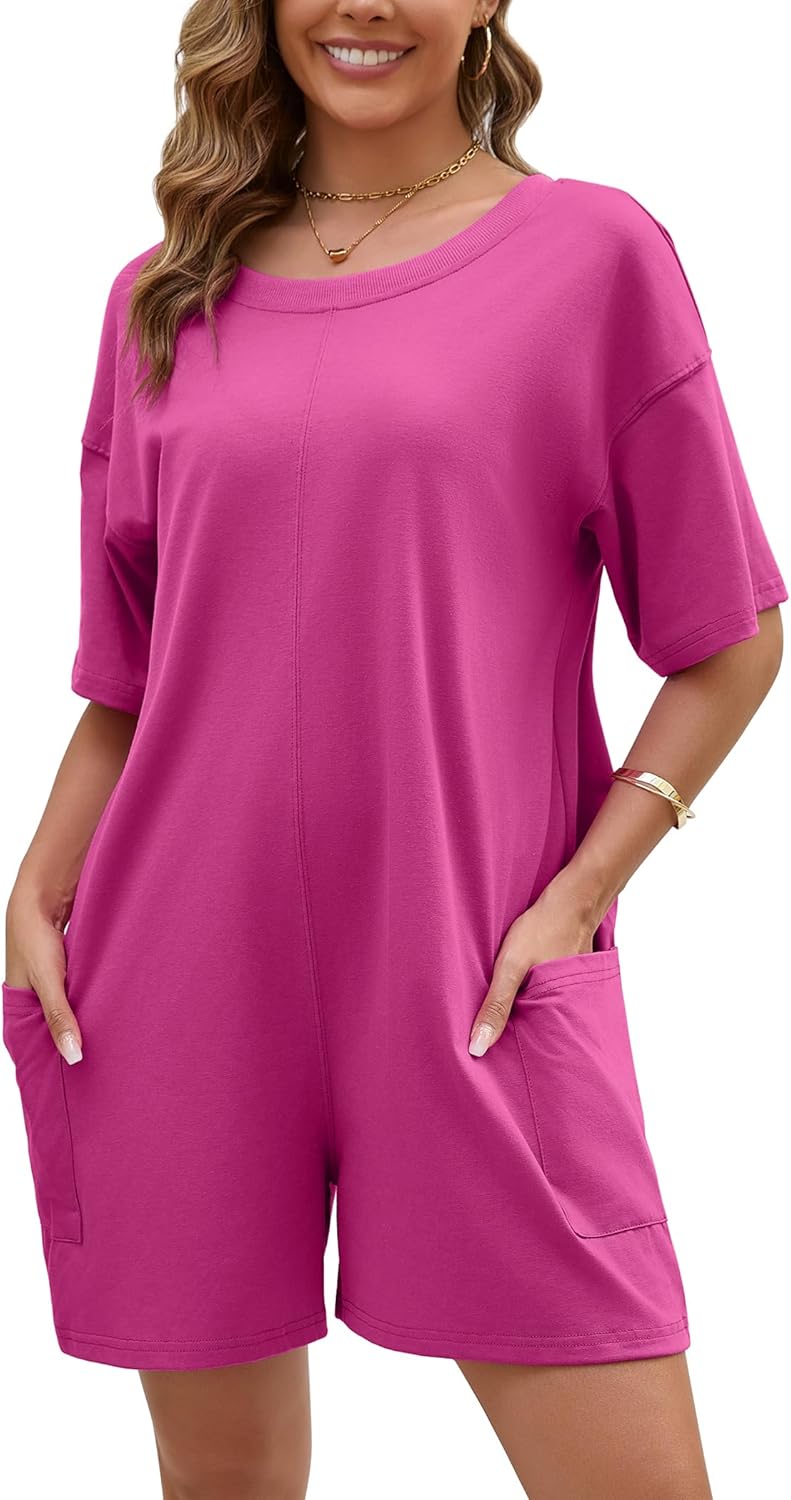 Women Oversized T-Shirt Shorts Romper Backless V Back Short Sleeve Overall Athletic Workout Jumpsuit with Pockets