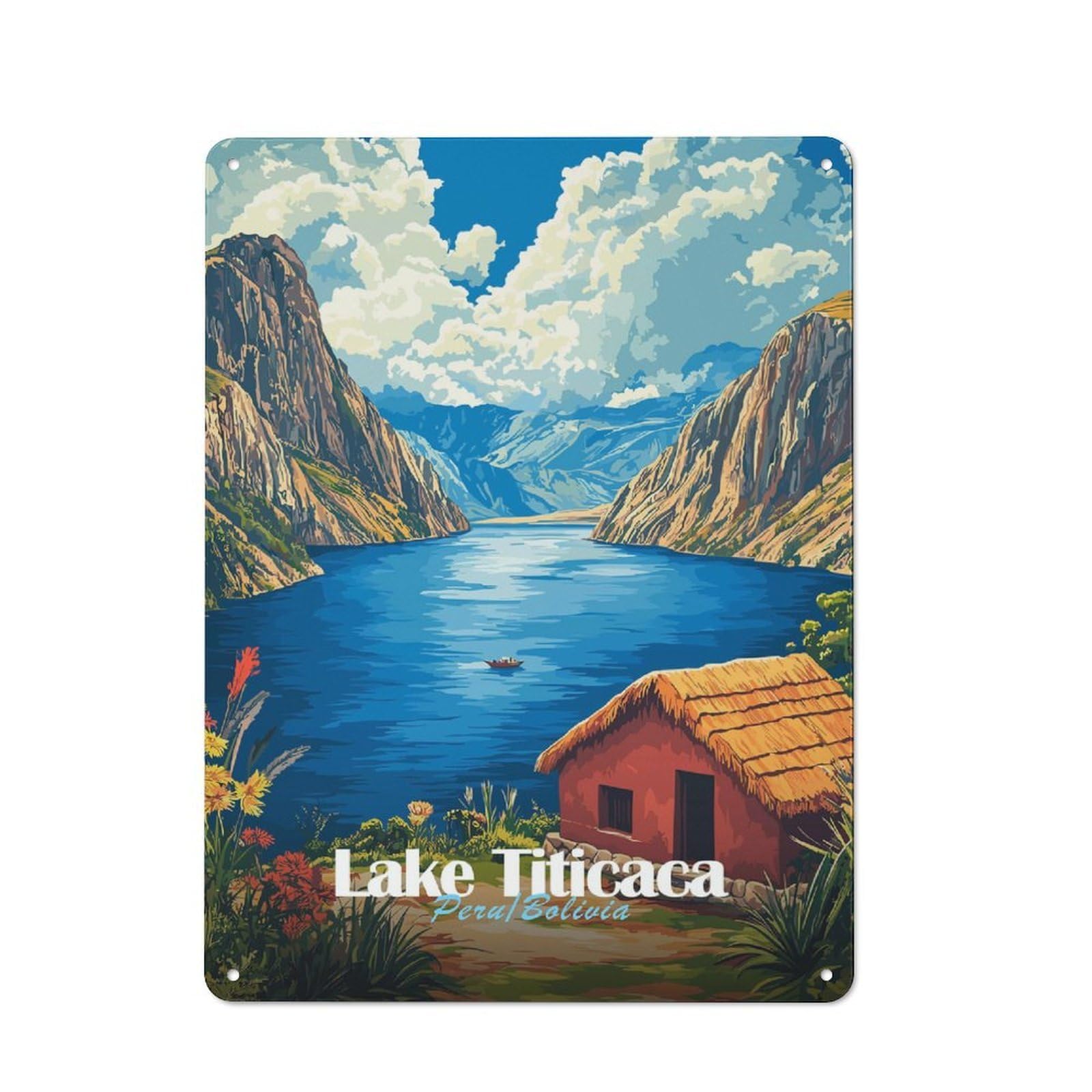 Vintage Metal Plaque 40x30cm Featuring Lake Titicaca Landscape, Diner Style Decor for Restaurant, Kitchen, Counter Or Breakfast Nook
