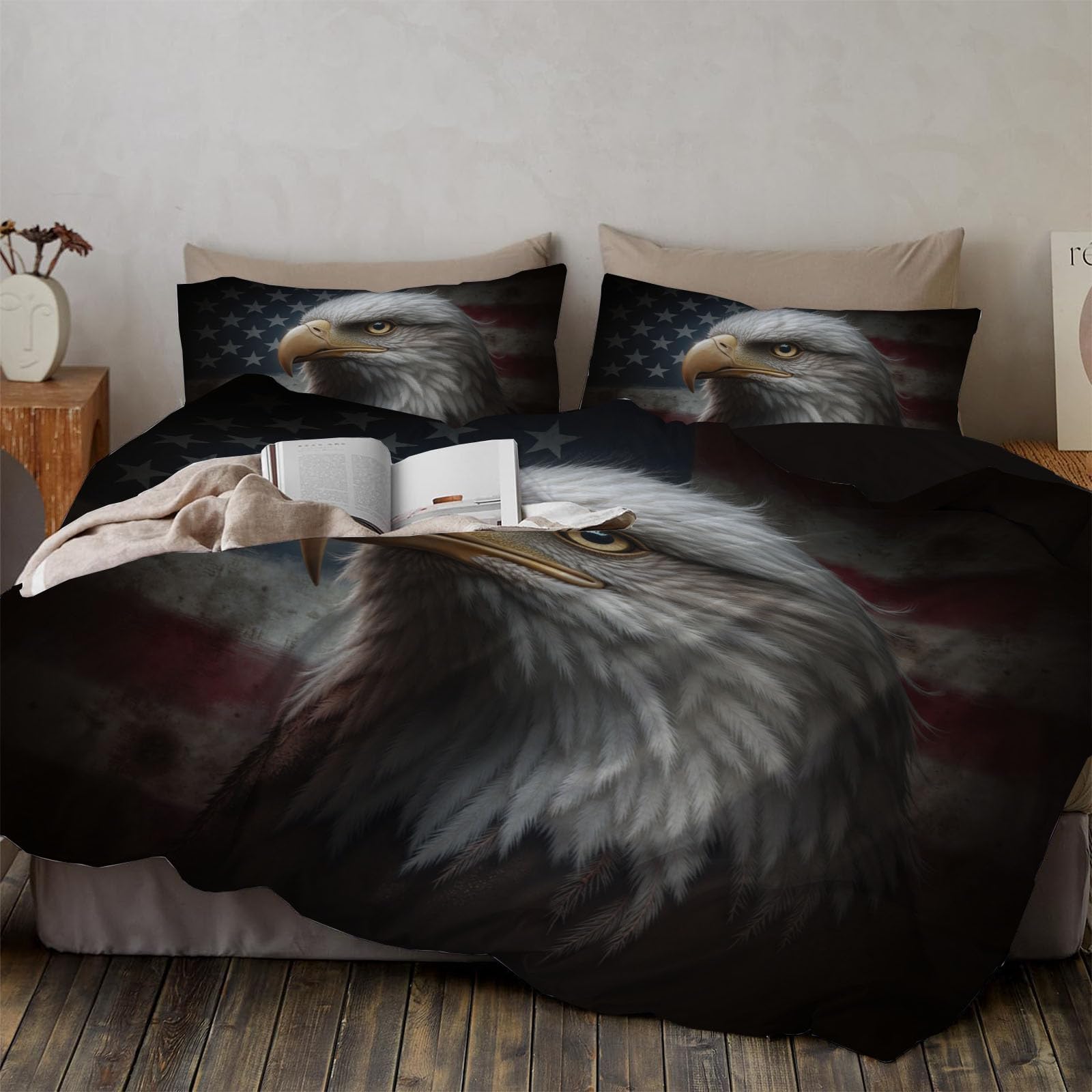 Parure de lit 140x200 cm réversible et respirante avec housse de couette aigle 3D facile à laver