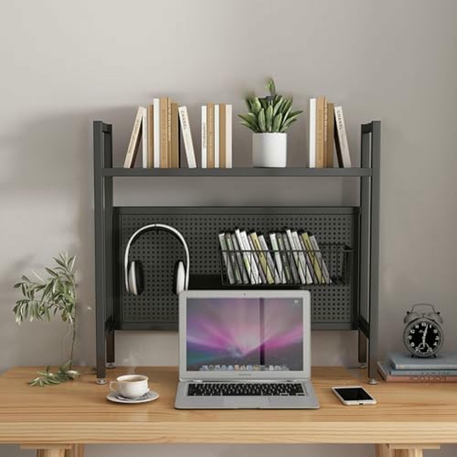 CWCQGH Black Desktop Hutch & Bookshelf - 95cm Student Pegboard Bookcase for Dormitory & Home Office - Computer Desk Storage Rack & Display, Single Layer Organization Solution,Black Single Layer-75cm