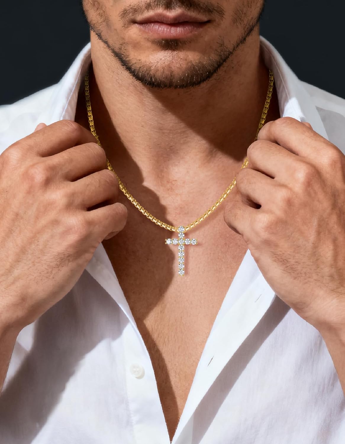 MomentWish S925 Sterling Silver Cross Necklace for Men - 3.6 Carat Moissanite Cross Pendant with Stainless Steel Box Chain Crucifix Necklaces Silver Jewelry Hiphop Christian Gift for Boyfriend Husband 22 Inches - Image 2