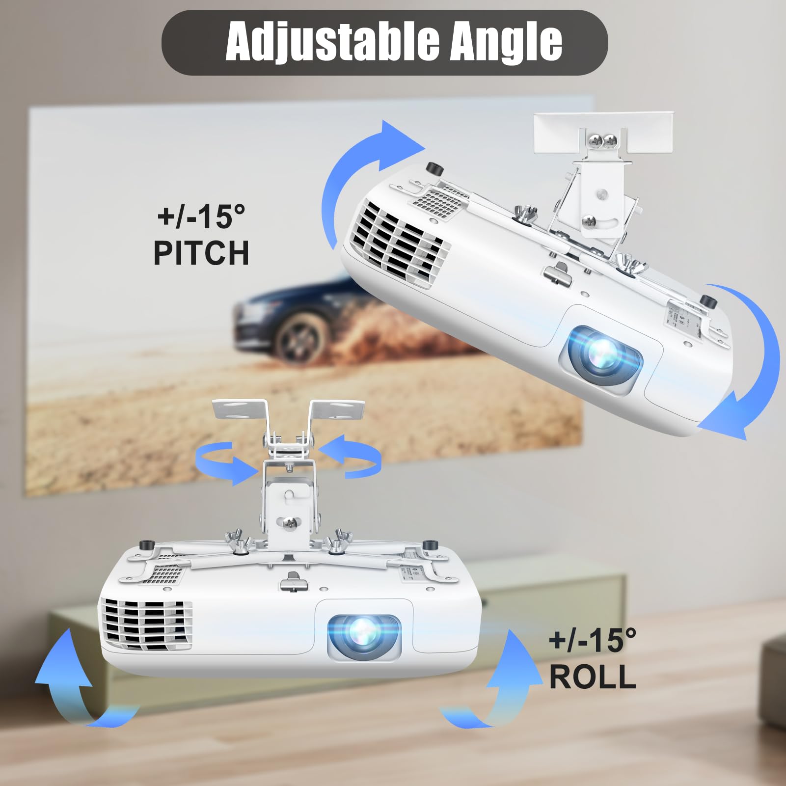 2-Be-Best Support de plafond universel 3 en 1 pour projecteur avec bras réglable, option de montage encastré, gestion des câbles intégrée pour bureau et maison, blanc