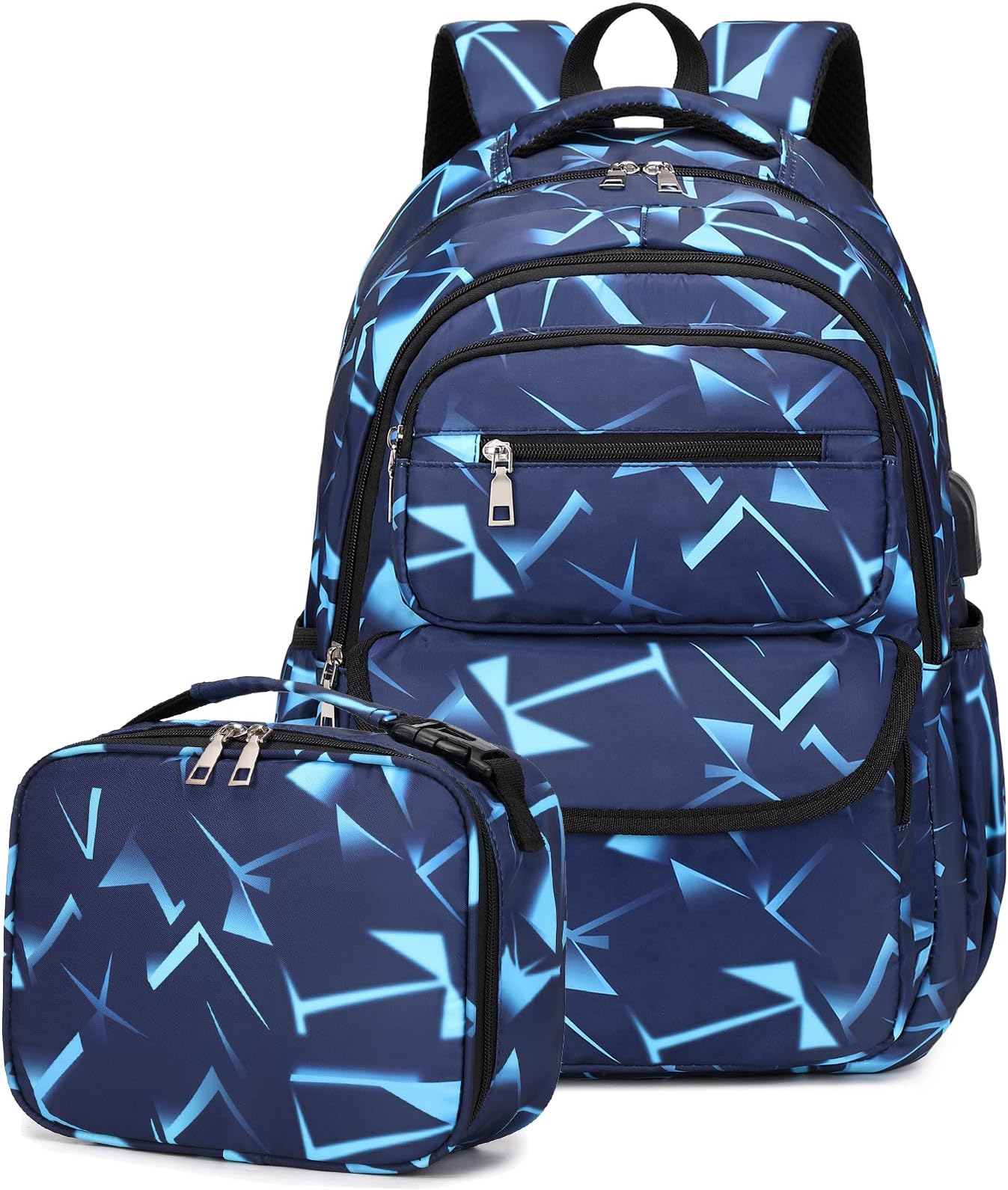 BevalsaBackpack for Boys, School Bags for Kids, Bookbag for Boys Girls Children Teens Backpacks for Elementary Middle High school Student, Bookbag and Lunch Bag Set with USB Charging Port (Geometry)