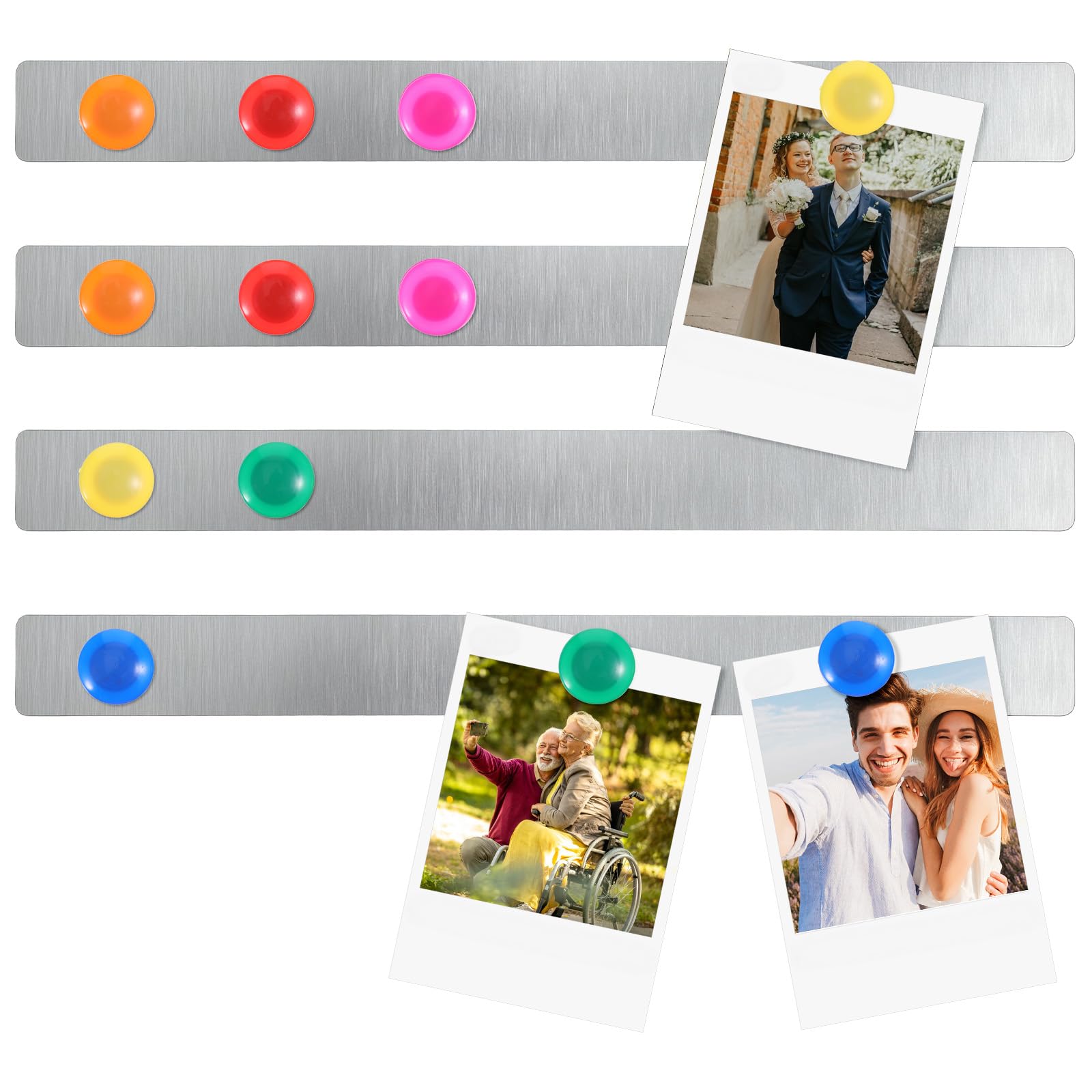 4Pcs Frameless Magnetic Stainless Iron Board Strips Magnetic Board Memo Strip Set, with 12 Colorful Magnets for Classroom Office Kitchen Refrigerator Wall