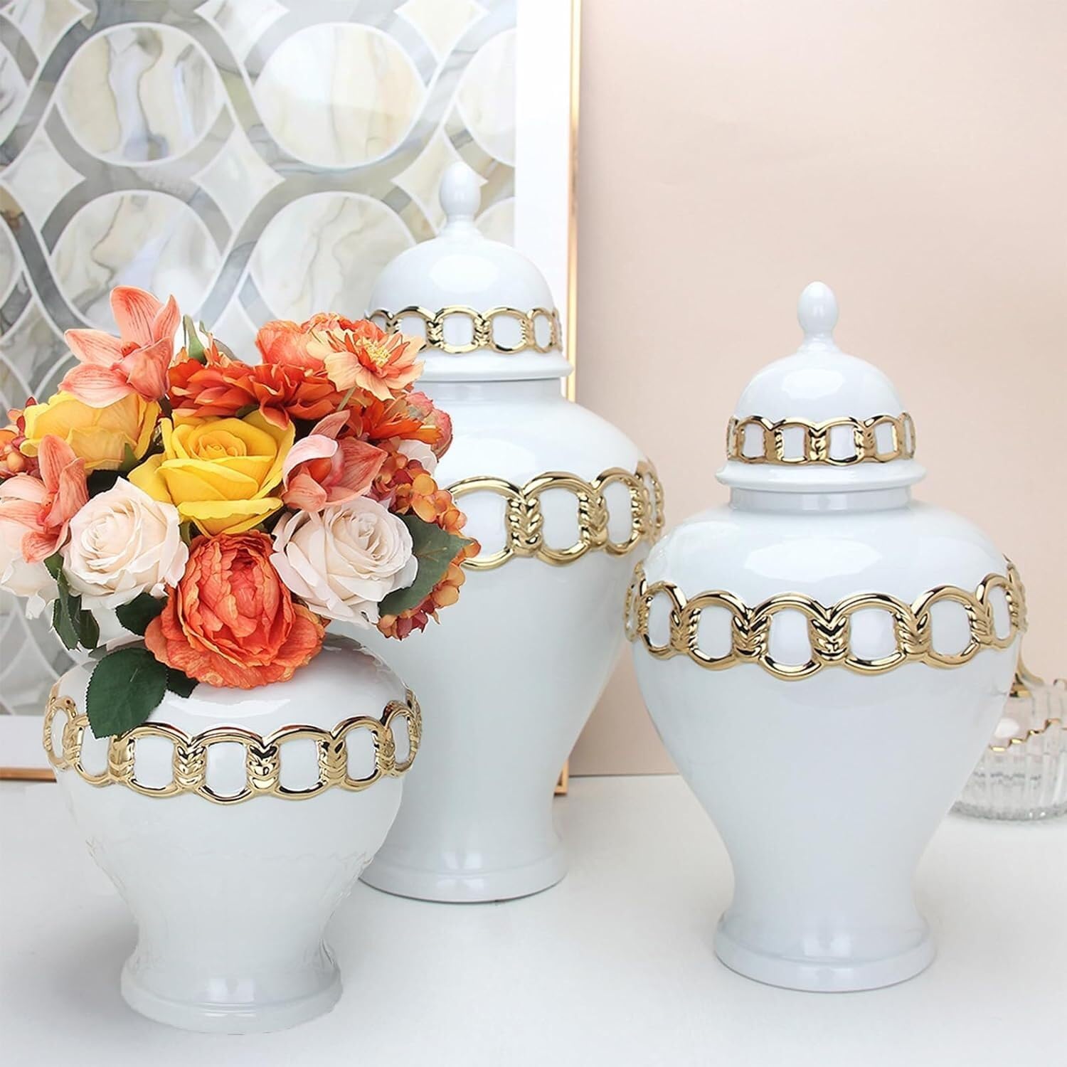 Food Storage Jar,Decorative Jar Ginger Jar Vase Decor Ceramic Vases Flowers Ginger Jar Porcelain Temple Jar Porcelain Vase with Lid Storage Jar Home Decor Ginger Jars Stora,Gold-26 * 45Cm