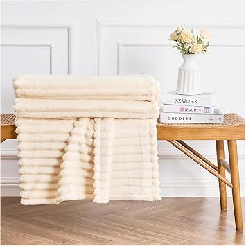 Ribbed Jacquard Bed Blanket Fluffy Warm Throw Blanket for Sofa Couch Single Osum Soft Fleece Winter Twin/Double 150x200 cm Throws (Cream)