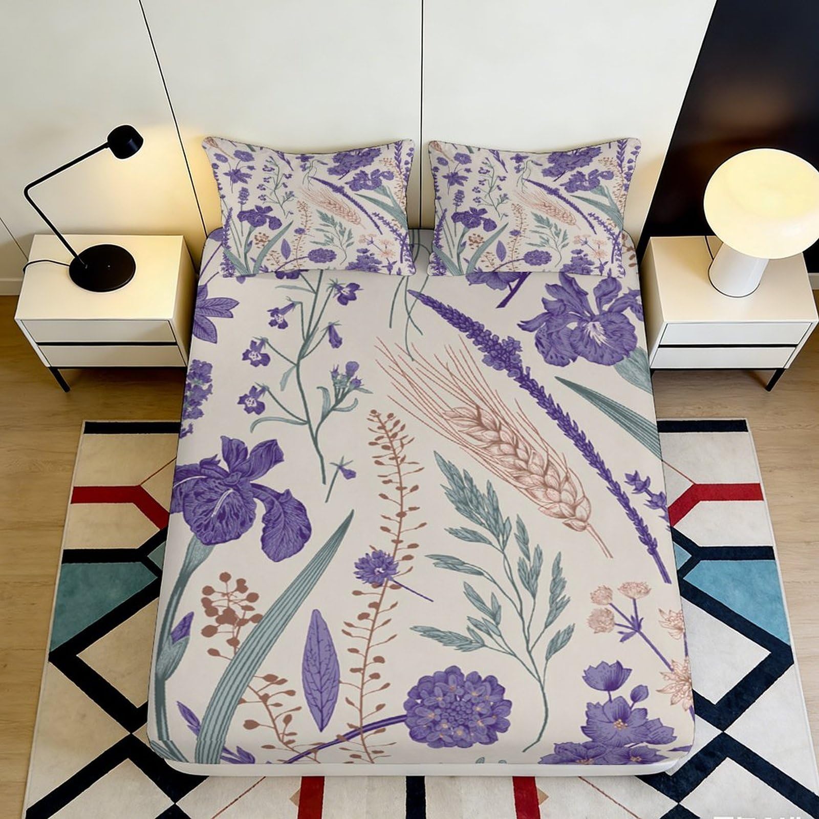 3D Printed Purple Botanical Fitted Sheet Microfiber Soft Anti-Slip Wheat Floral Mattress Cover for Bedroom Guest Room Decor 180x200x25cm