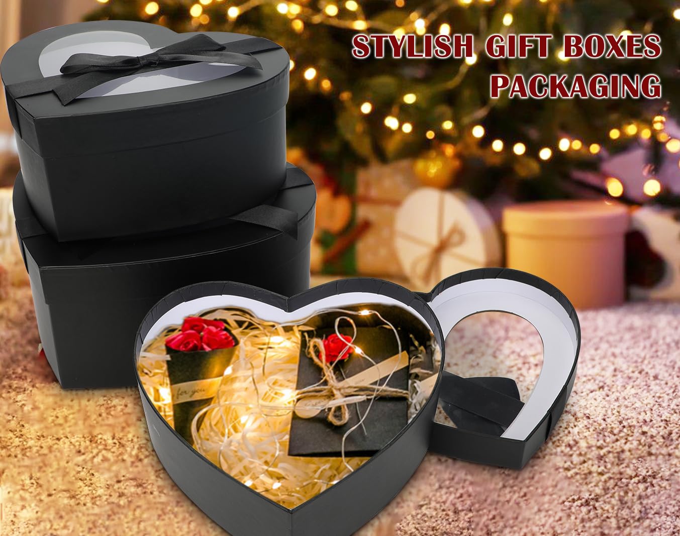 4 scatole regalo nere con coperchio trasparente a forma di cuore, scatole per fiori e cappelli da fiorista, per composizioni floreali, per regali, matrimoni, San Valentino, compleanno, festa della