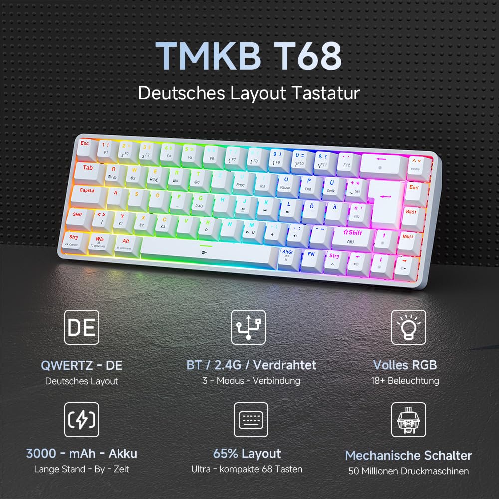 TMKB T68 Gaming-toetsenbord, 60% draadloos, mechanisch RGB-toetsenbord met Bluetooth/2,4 G/type C, compact 68 toetsen, anti-ghosting, Duitse QWERTZ lay-out, Blue Clicky Switch, zwart