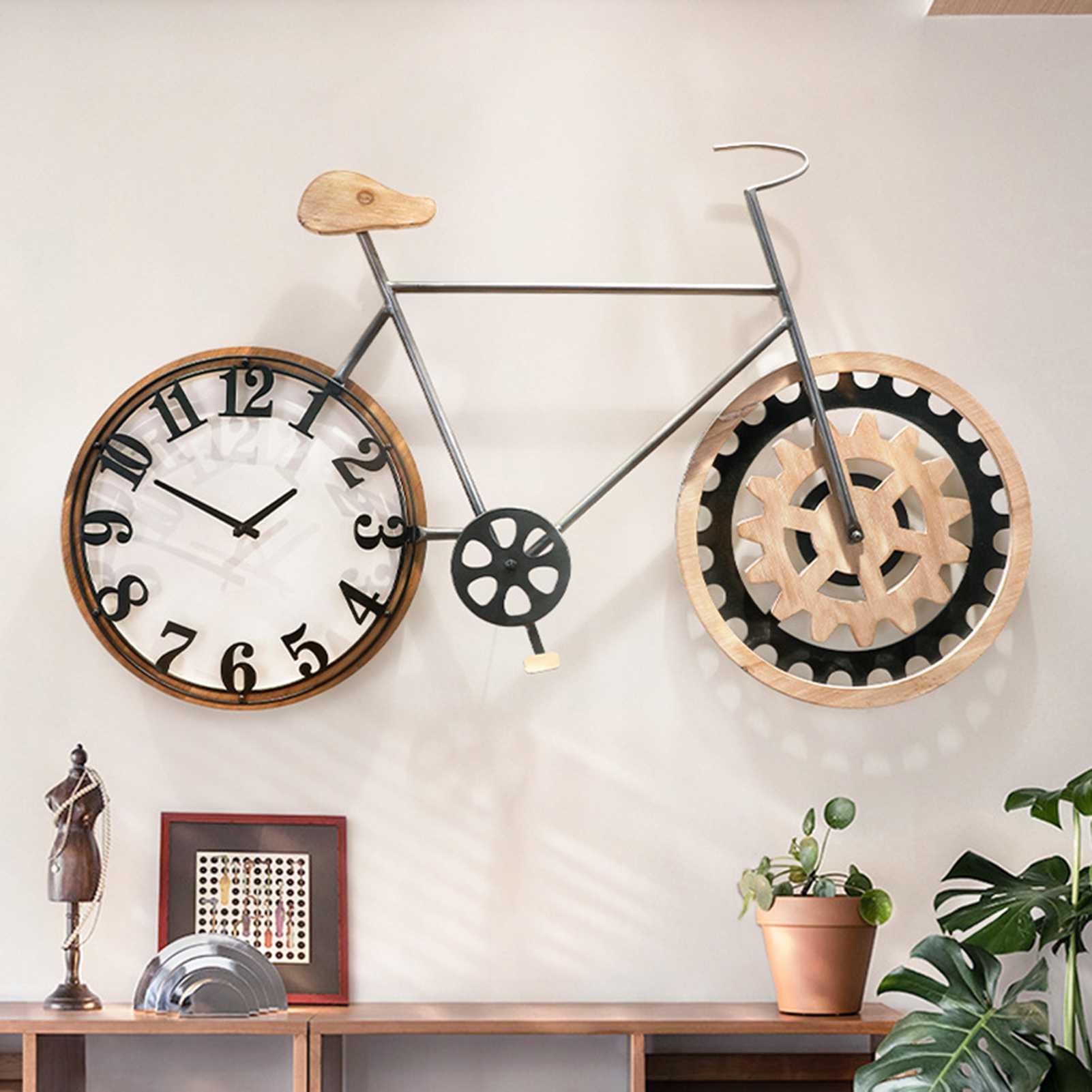 Wanduhr, dekoratives Fahrraddesign, arabische Ziffern – Vintage, leise, nicht tickend, Retro-Holzuhr, batteriebetrieben, 108 x 63 cm