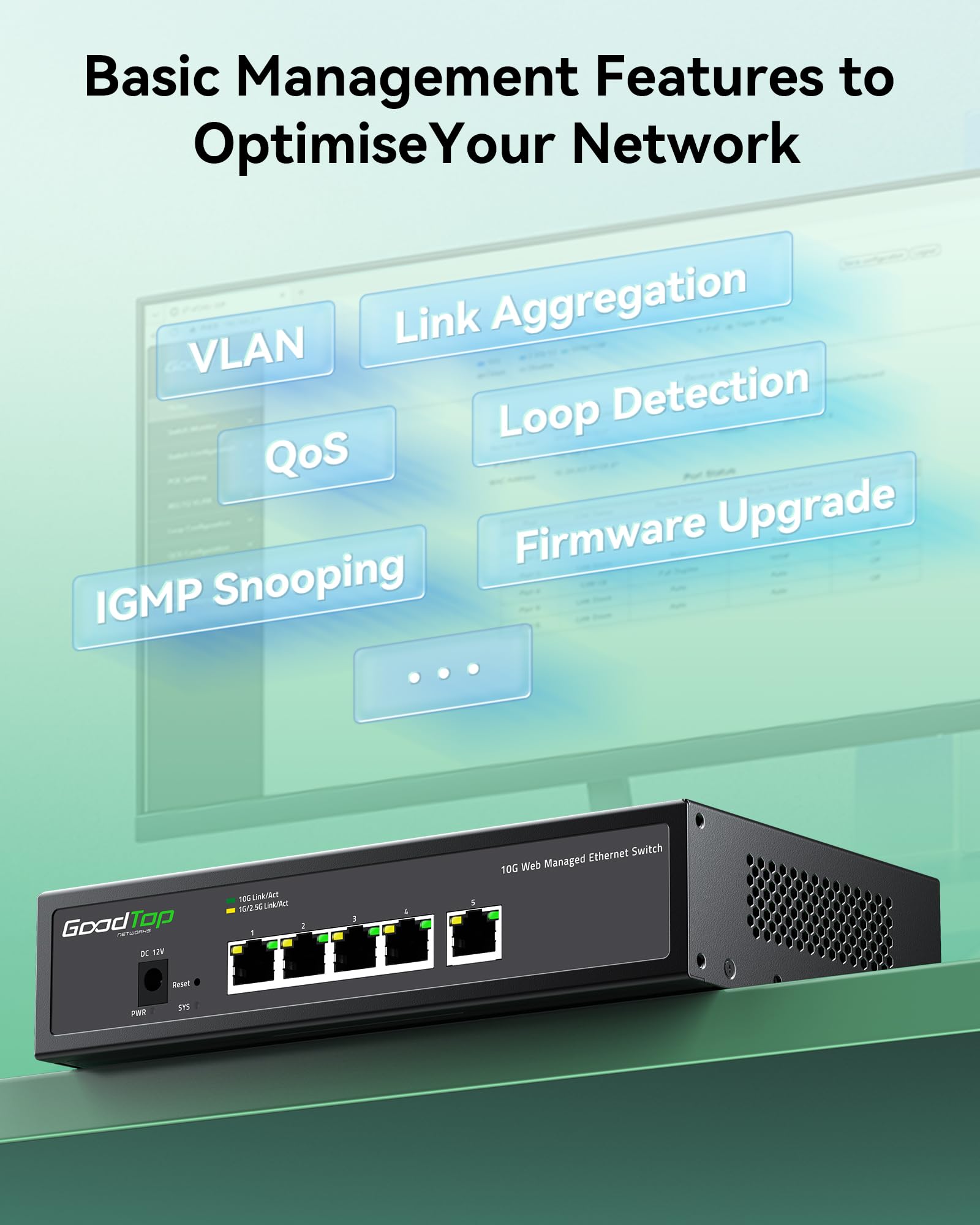 5-portowy przełącznik zarządzany 10 G, LAN Switch 10 Gbit z cichym
