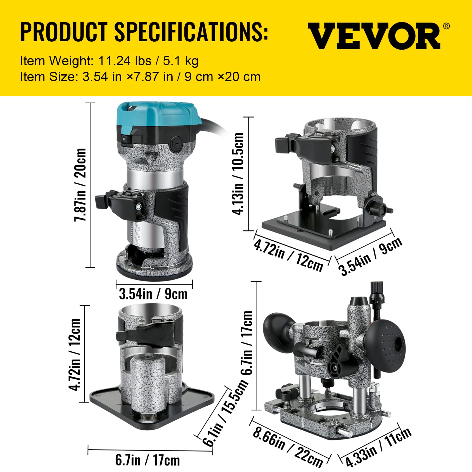 VEVOR Défonceuse Électrique 710W Affleureuse à Bois avec 4 Bases Fixe+Inclinable+Plongeante+Décalée, Outil Routeur Flexible avec Mèches 6 mm+8 mm 3 Pinces pour Rainurage Formage Sculpture du Bois