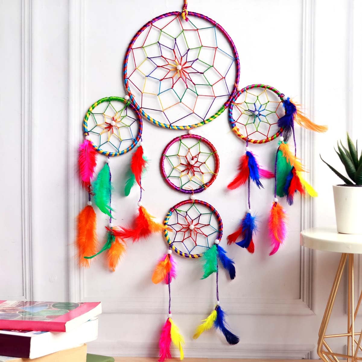 5 Ring Dream Catcher for Car | Dreamcatcher for Home Decor Unique Art Wall Hanging | Multicolor Dream Catcher with Feathers for Good Luck Protection-image-48