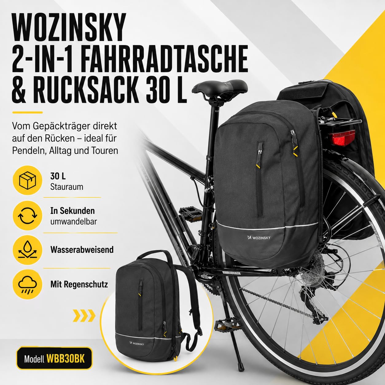 WOZINSKY Sacoche de vélo 2 en 1 pour porte-bagages arrière - Étanche - 30 l