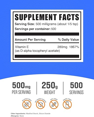 Miniatura 2 de BulkSupplements com Vitamina E Powder - Vitamina E para perros - Vitamina en polvo - Vitamina E para la piel - Vitamina en polvo 250 gramos - 88 oz
