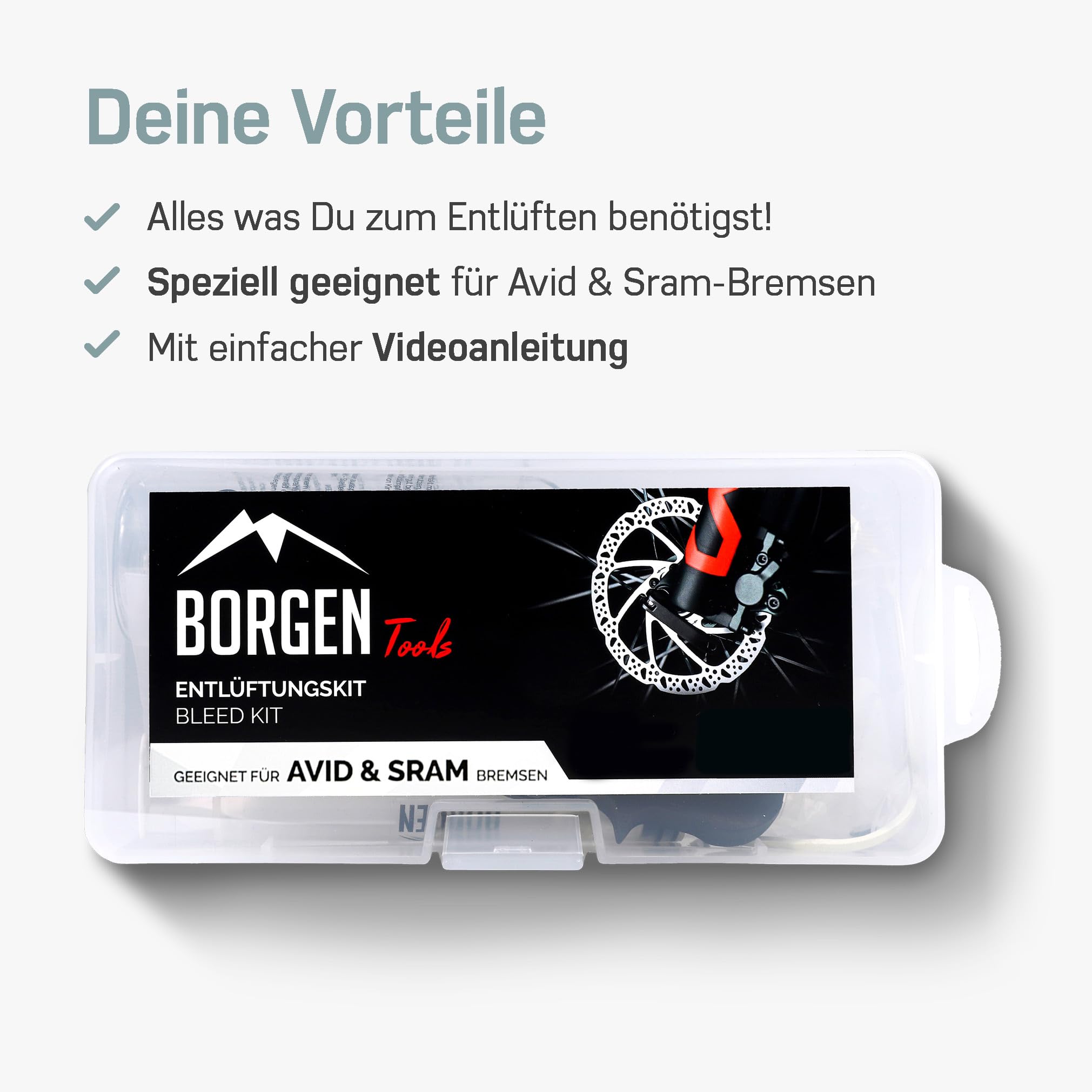Borgen Entlüftungsset für Avid Sram Scheibenbremsen - Bremsen entlüften für Avid Elixir UVM. - Inkl. 250ml DOT 5.1 Bremsflüssigkeit für Sram - Entlüftungskit für hydraulische Scheibenbremsen