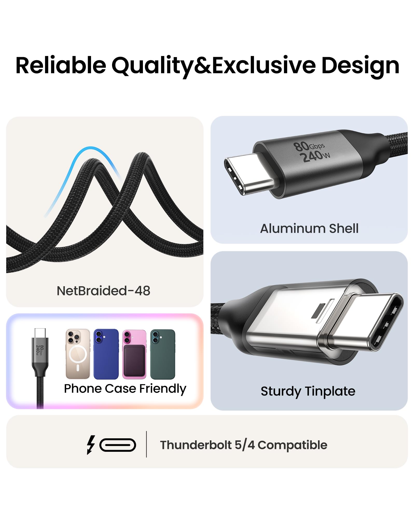 Silkland USB C 80Gbps pour Câble Thunderbolt 5 2M, jusqu'à 120Gbps avec Bandwidth Boost, 16K/Dual 8K, Charge Rapide 240W, USB4 V2.0 Compatible avec Thunderbolt 4/3, MacBook M4 Pro, SSD, Dock, Moniteur