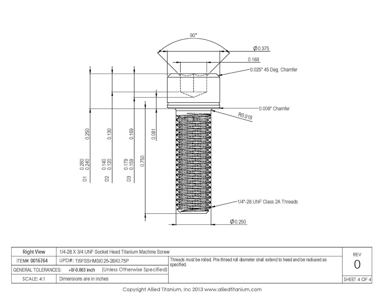 0016764, (Pack of 10) 1/4-28 X 3/4 UNF Socket Head Machine Screw, Grade 5 (Ti-6Al-4V)