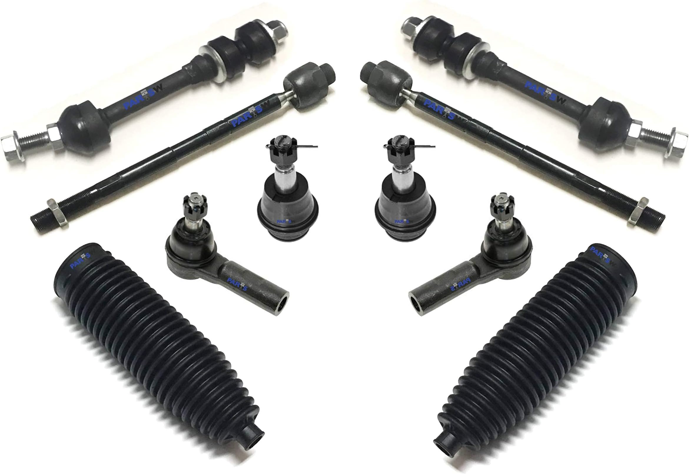 10 Pc Front Suspension Lower Ball Joints Inner and Outer Tie Rod Ends Sway Bars Links Bellow Boots