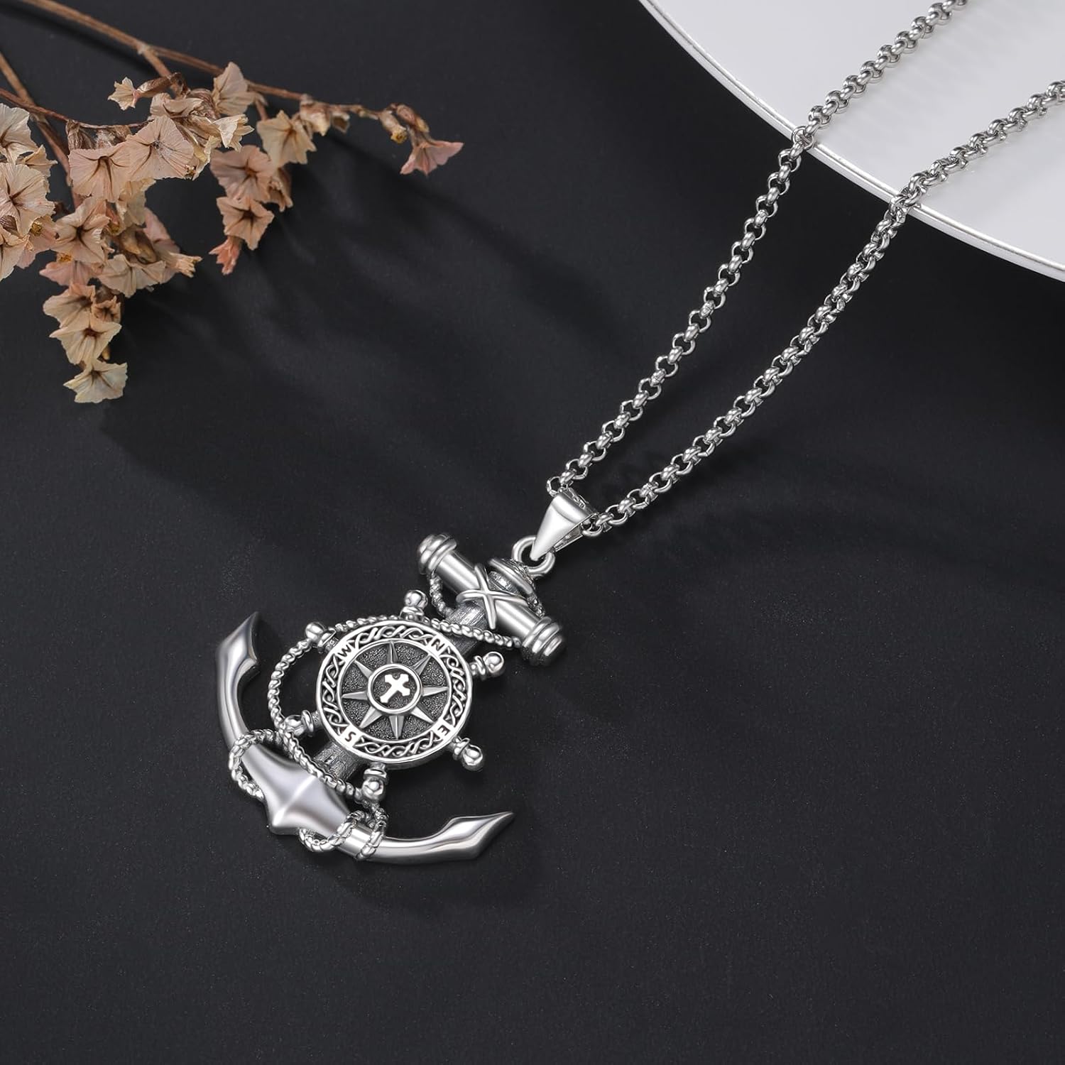 LES OSEWA Compass Necklace for Men Sterling Silver Compass Pendant Masonic Viking Necklace Travel Amulet Necklace Inspirational Graduation Jewelry Gifts for Women - Image 4