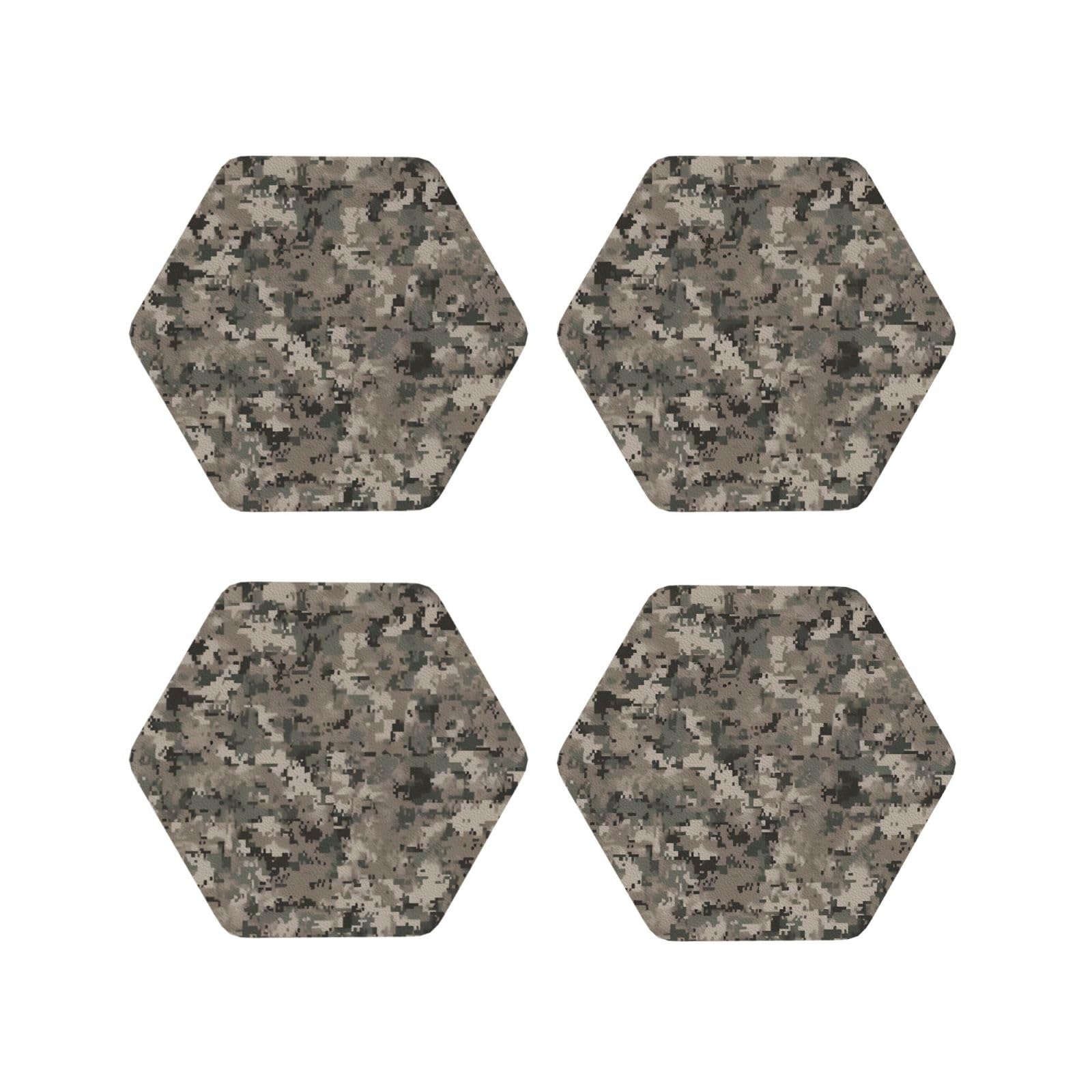 4Pcs PU Leather Coaster for Drinks, Army Digital Camouflage Cup Coastersr 4" Cup Mat Pad, Aesthetic Drink Coasters for Coffee Table, Hexagon Coaster for Tabletop Protection